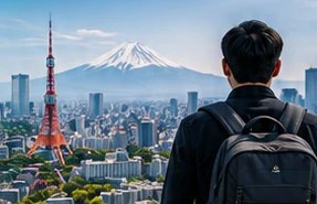 Ilustrasi perjalanan dengan latar kota dan Gunung Fuji